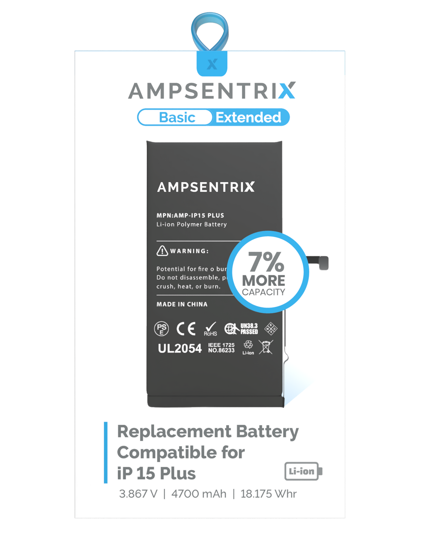 Bateria AmpSentrix Basic Cap. Extendida iPhone 15 Plus