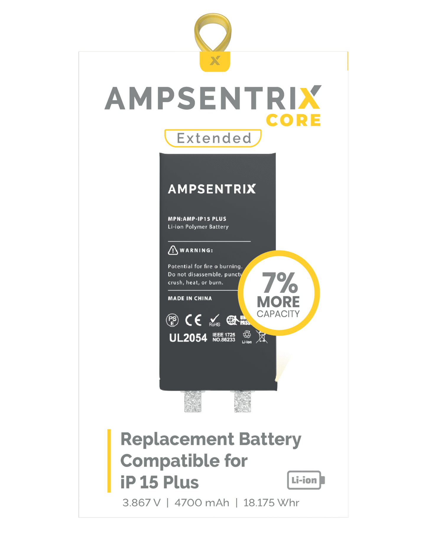 Batería de repuesto para iPhone 15 Plus (requiere soldadura por puntos) (AmpSentrix Core Extended)