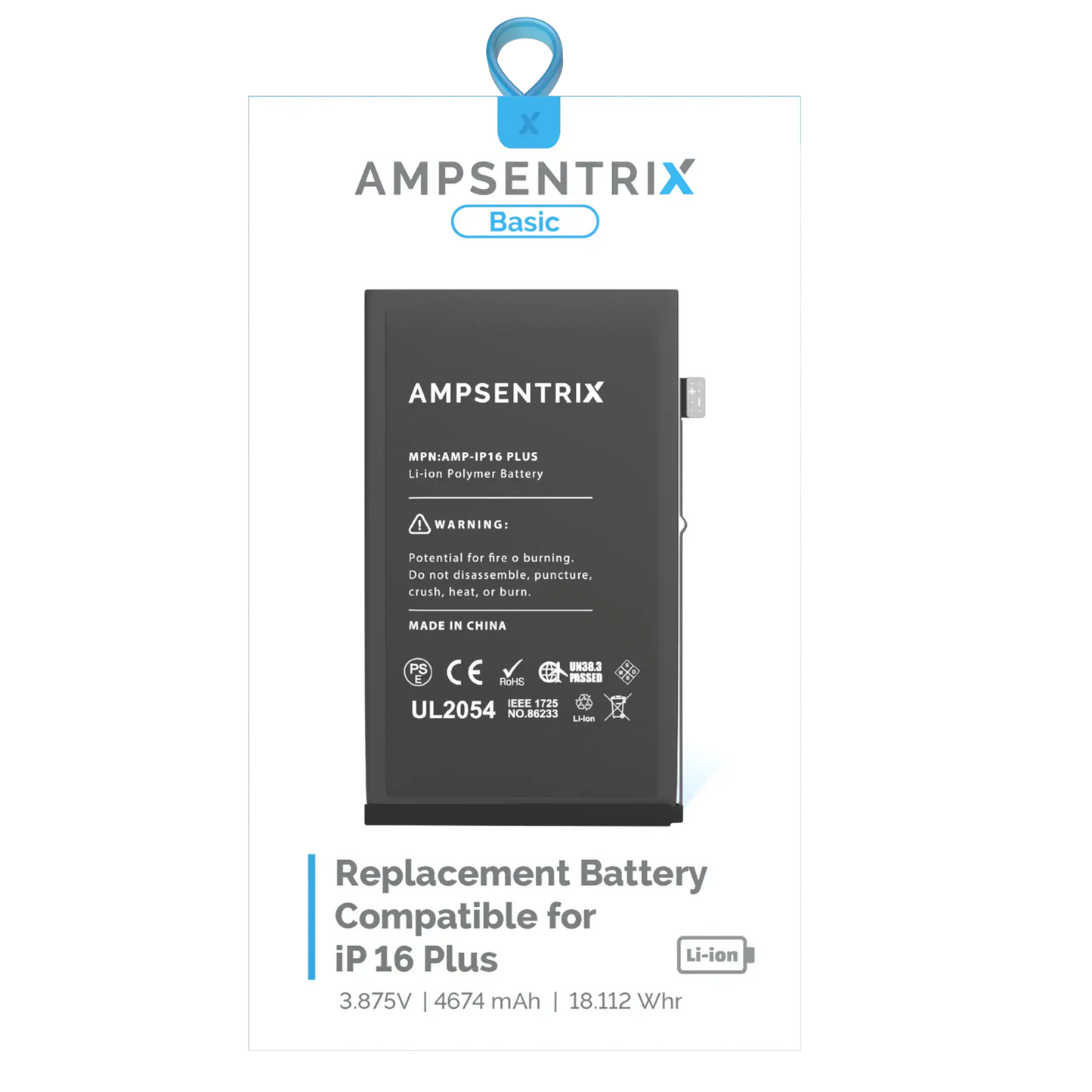 Batería de repuesto para iPhone 16 Plus (AmpSentrix Basic)