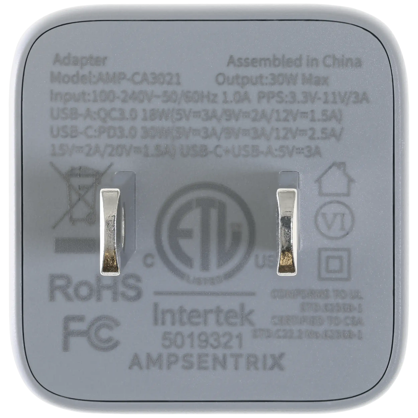 Cargador de pared de doble puerto de 30 W con carga rápida GaN (USB-C + USB-A) (AmpSentrix Pro) (Titanio natural)
