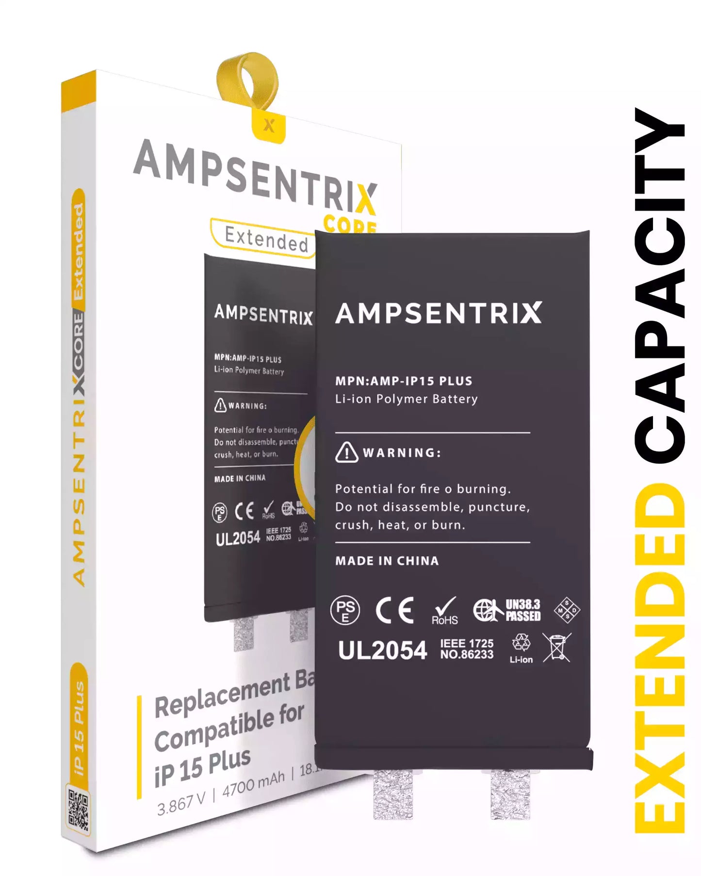 Batería de repuesto para iPhone 15 Plus (requiere soldadura por puntos) (AmpSentrix Core Extended)