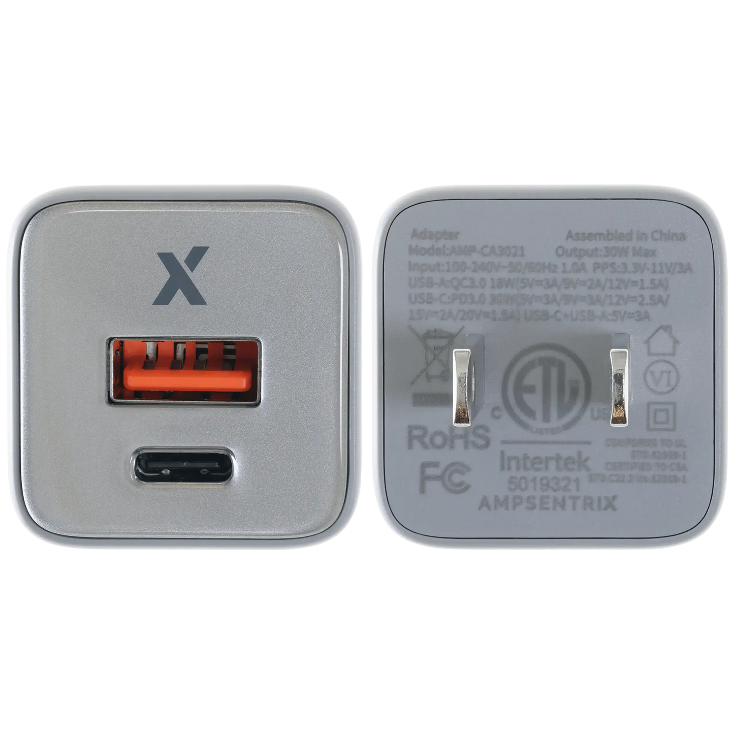 Cargador de pared de doble puerto de 30 W con carga rápida GaN (USB-C + USB-A) (AmpSentrix Pro) (Titanio natural)
