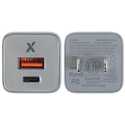 Cargador de pared de doble puerto de 30 W con carga rápida GaN (USB-C + USB-A) (AmpSentrix Pro) (Titanio natural)