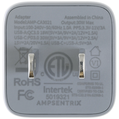 Cargador de pared de doble puerto de 30 W con carga rápida GaN (USB-C + USB-A) (AmpSentrix Pro) (Titanio natural)