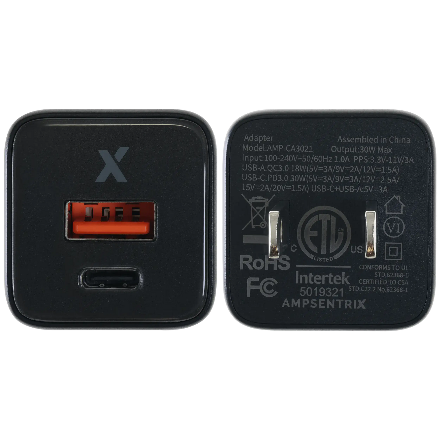 Cargador de pared de doble puerto de 30 W con carga rápida GaN (USB-C + USB-A) (AmpSentrix Pro) (Titanio negro)