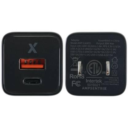 Cargador de pared de doble puerto de 30 W con carga rápida GaN (USB-C + USB-A) (AmpSentrix Pro) (Titanio negro)