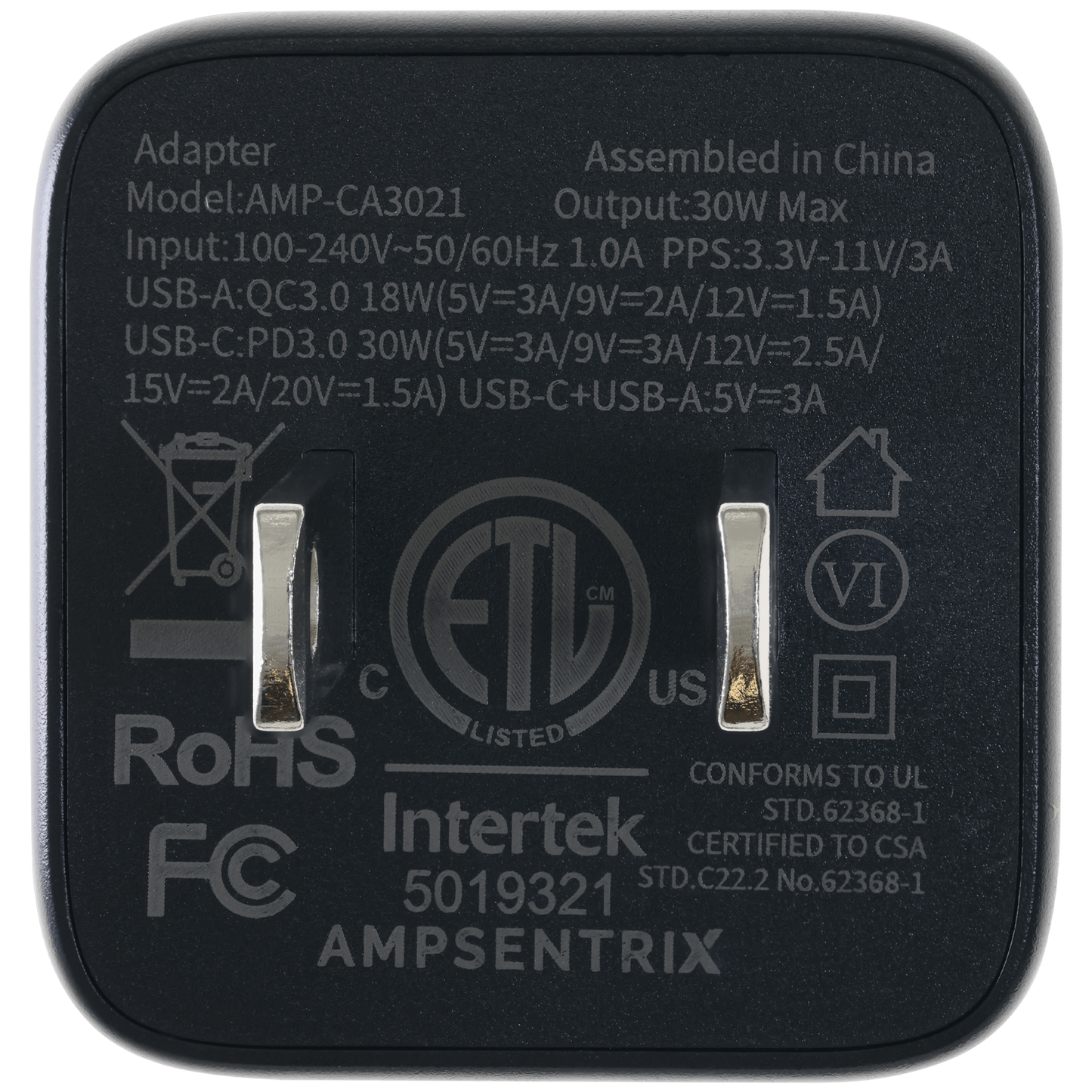 Cargador de pared de doble puerto de 30 W con carga rápida GaN (USB-C + USB-A) (AmpSentrix Pro) (Titanio negro)