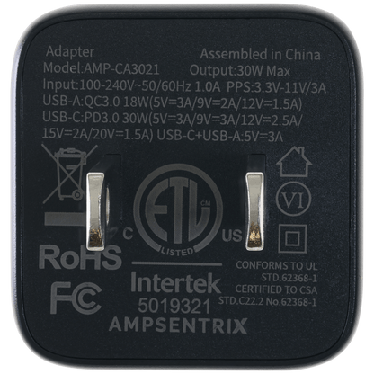 Cargador de pared de doble puerto de 30 W con carga rápida GaN (USB-C + USB-A) (AmpSentrix Pro) (Titanio negro)